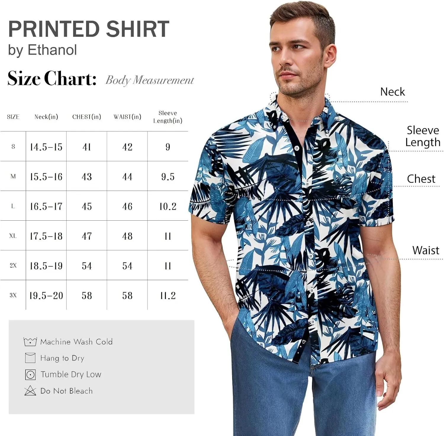 ETHANOL Mens Slim Fit Short Sleeve Button Down Polo Tech Stretch Printed Shirt