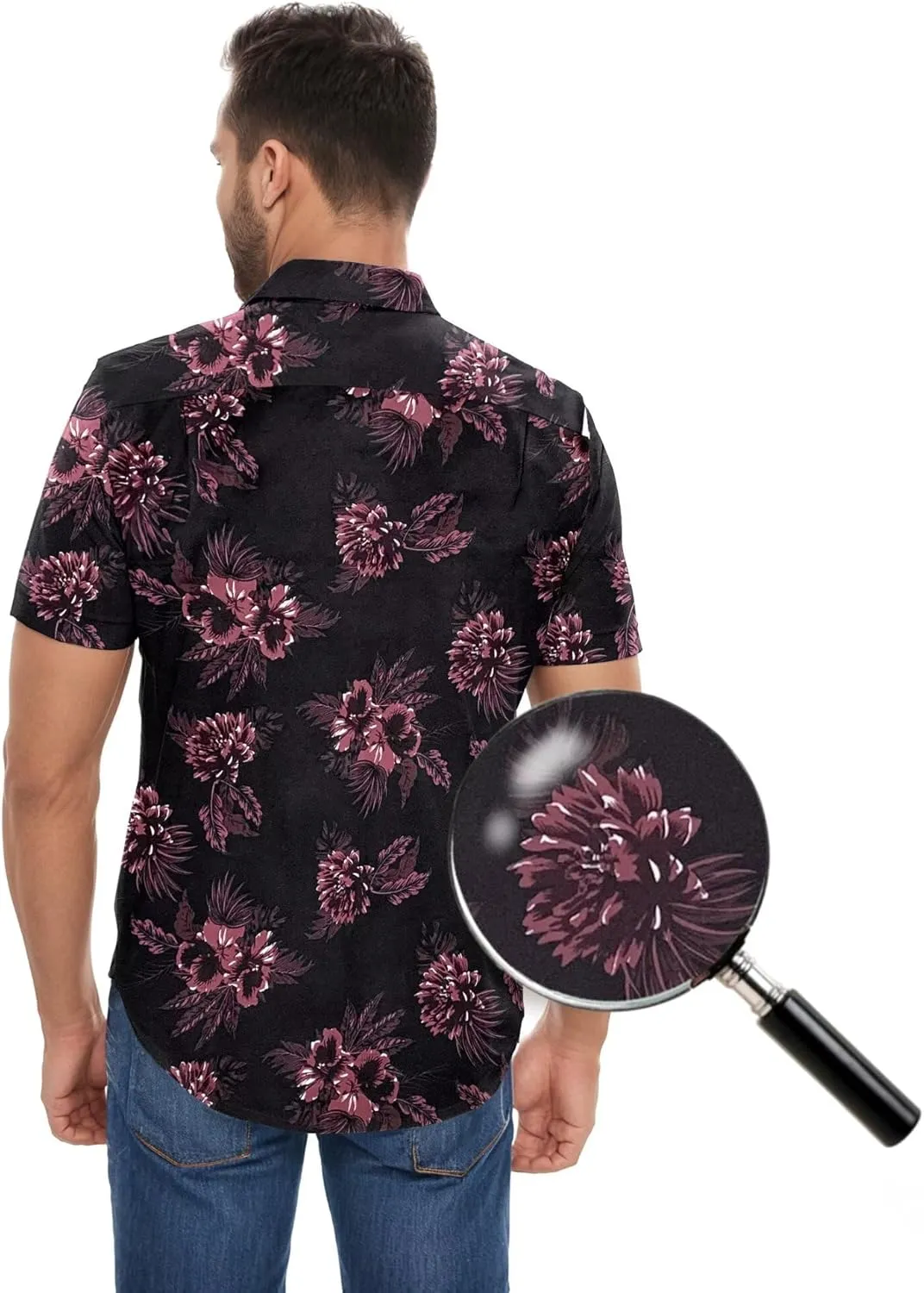ETHANOL Mens Slim Fit Short Sleeve Button Down Polo Tech Stretch Printed Shirt
