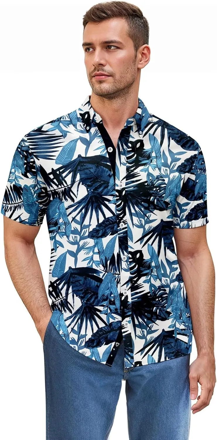 ETHANOL Mens Slim Fit Short Sleeve Button Down Polo Tech Stretch Printed Shirt