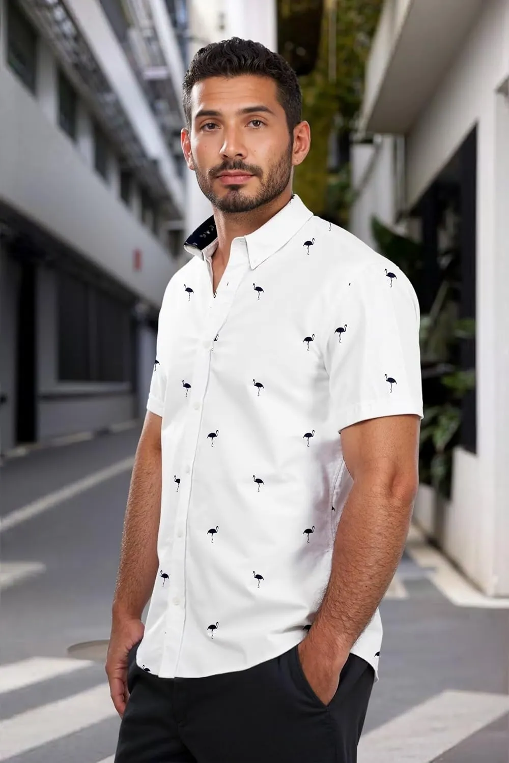 ETHANOL Mens Slim Fit Short Sleeve Button Down Polo Tech Stretch Printed Shirt