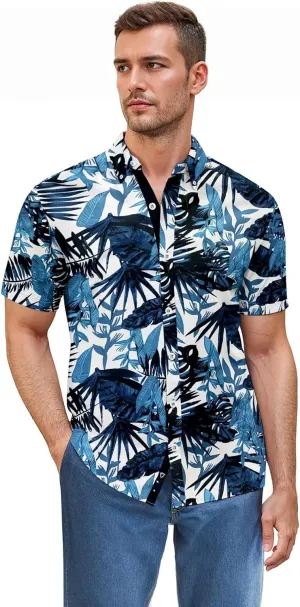 ETHANOL Mens Slim Fit Short Sleeve Button Down Polo Tech Stretch Printed Shirt