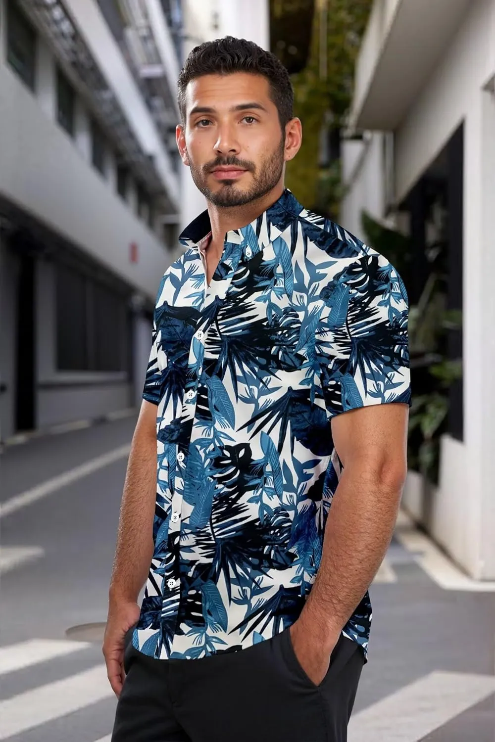 ETHANOL Mens Slim Fit Short Sleeve Button Down Polo Tech Stretch Printed Shirt
