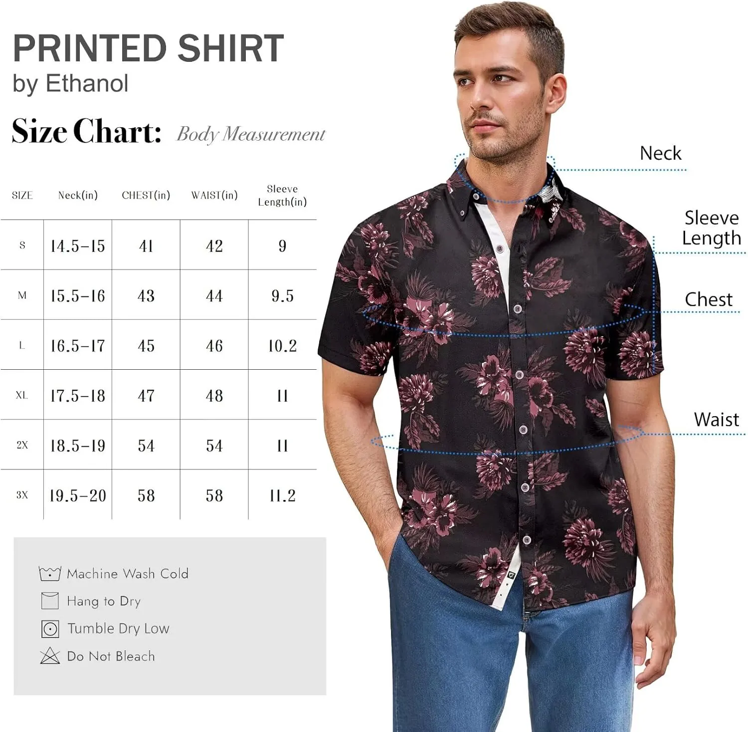 ETHANOL Mens Slim Fit Short Sleeve Button Down Polo Tech Stretch Printed Shirt
