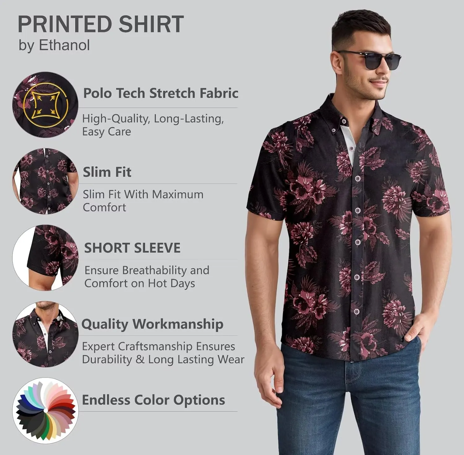 ETHANOL Mens Slim Fit Short Sleeve Button Down Polo Tech Stretch Printed Shirt