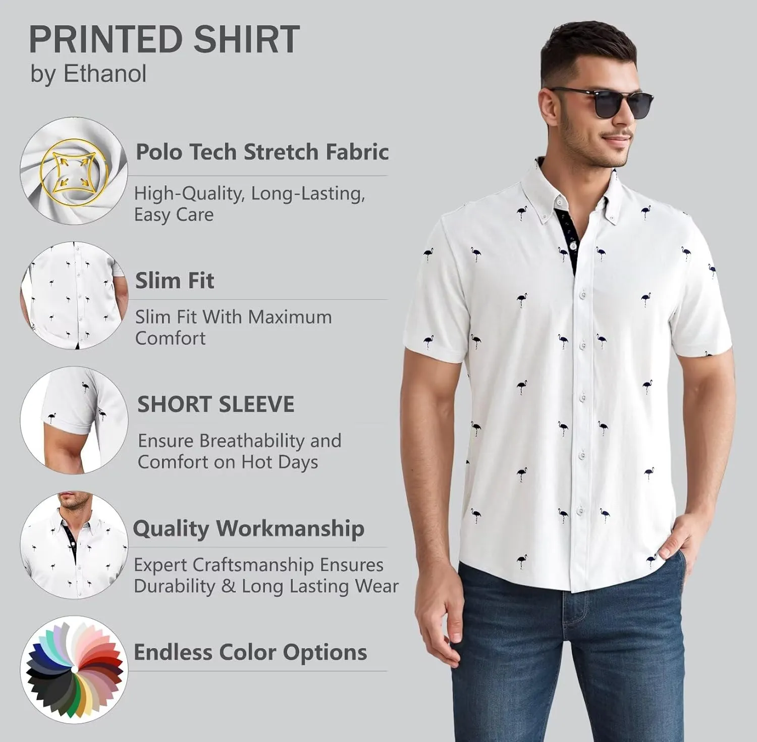 ETHANOL Mens Slim Fit Short Sleeve Button Down Polo Tech Stretch Printed Shirt