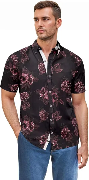 ETHANOL Mens Slim Fit Short Sleeve Button Down Polo Tech Stretch Printed Shirt