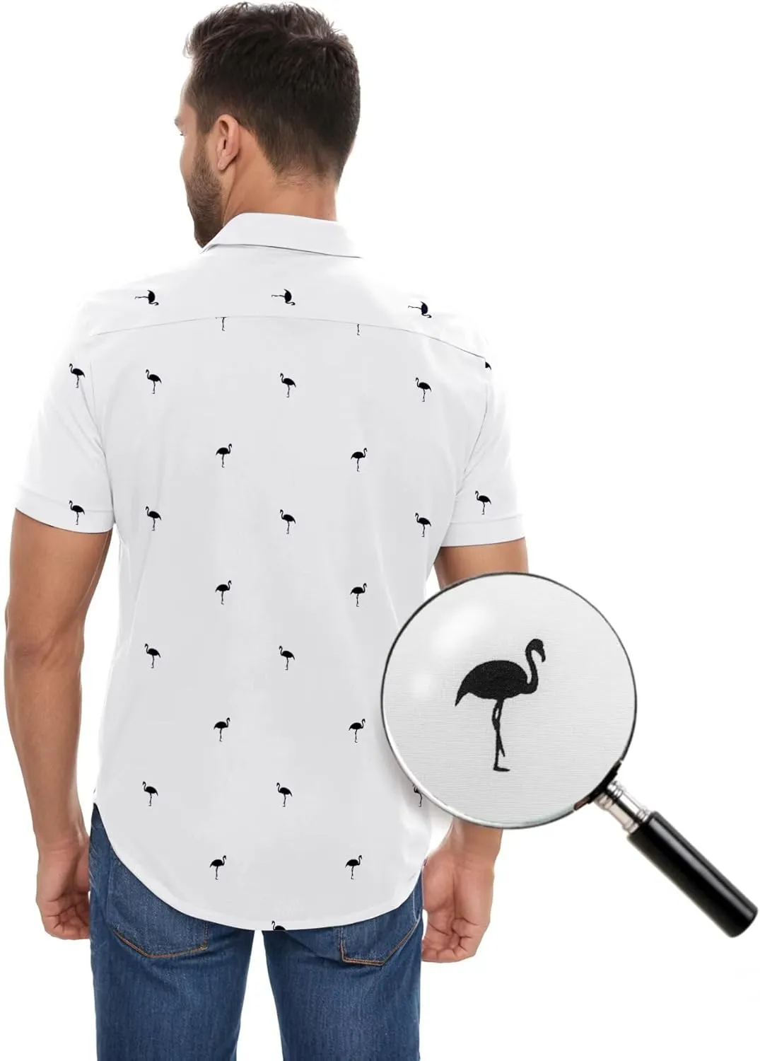ETHANOL Mens Slim Fit Short Sleeve Button Down Polo Tech Stretch Printed Shirt