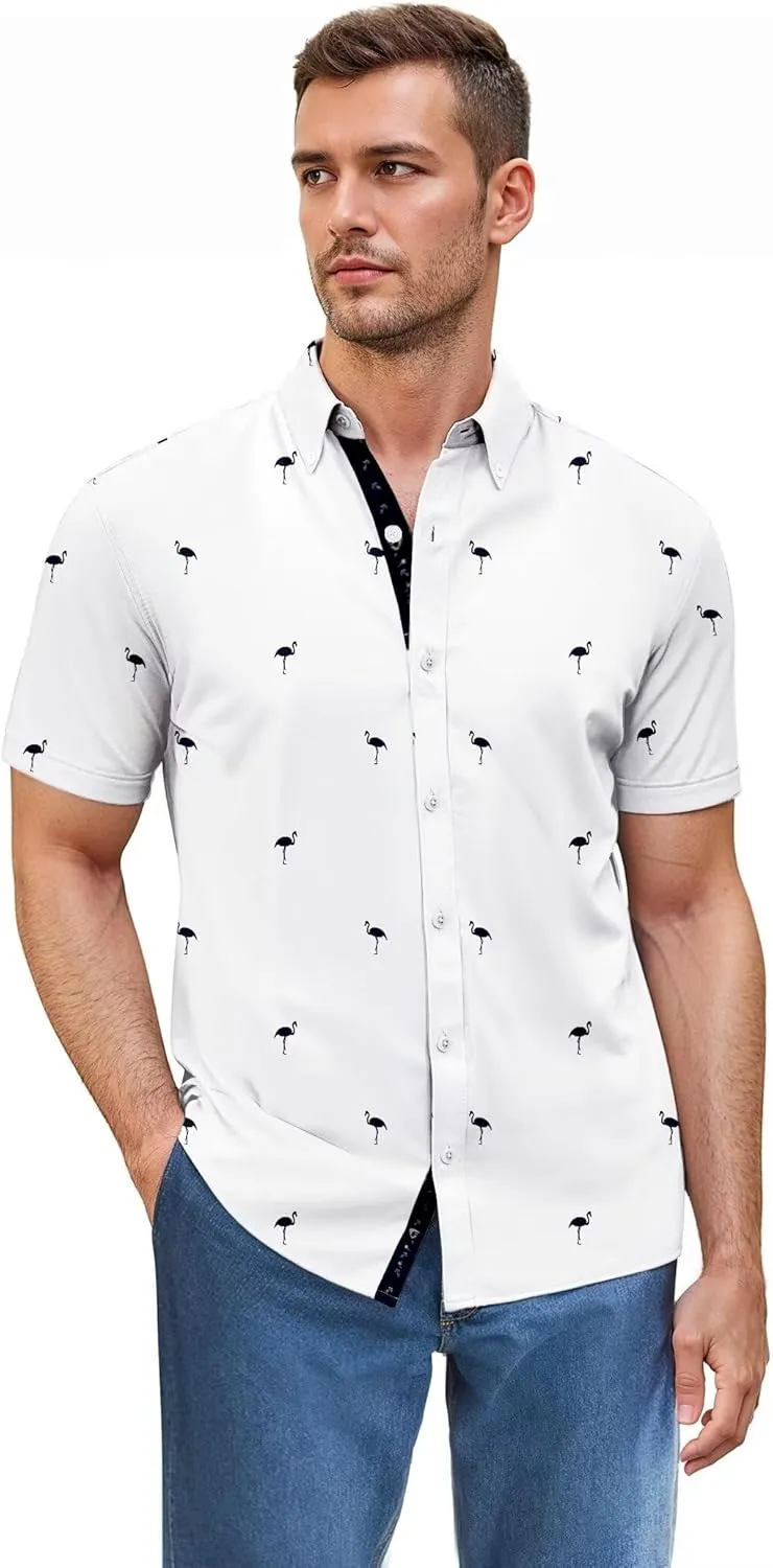 ETHANOL Mens Slim Fit Short Sleeve Button Down Polo Tech Stretch Printed Shirt