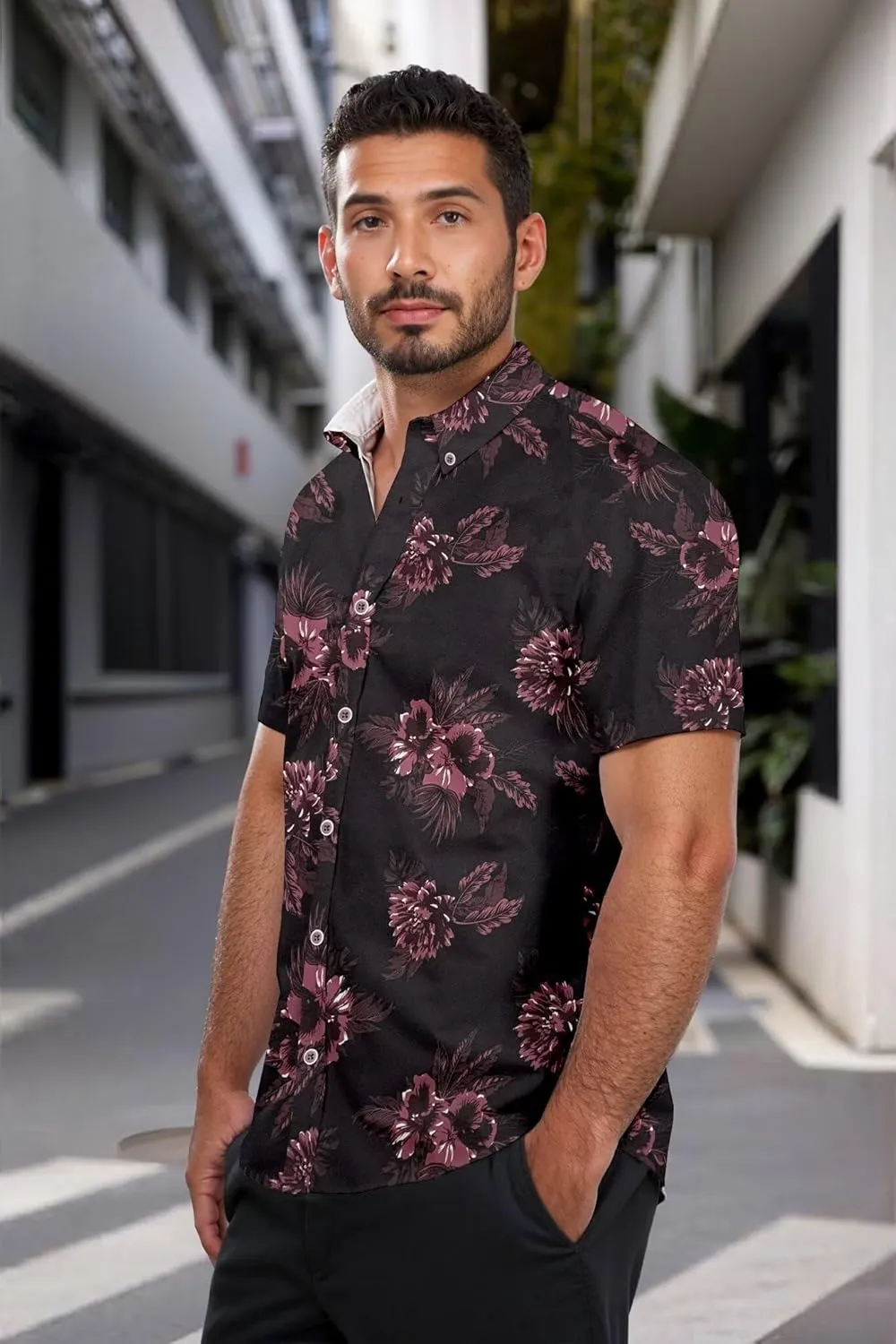 ETHANOL Mens Slim Fit Short Sleeve Button Down Polo Tech Stretch Printed Shirt