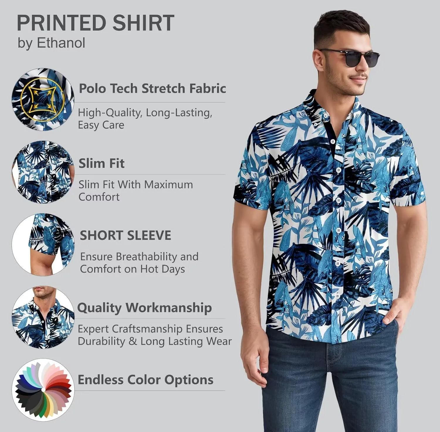 ETHANOL Mens Slim Fit Short Sleeve Button Down Polo Tech Stretch Printed Shirt