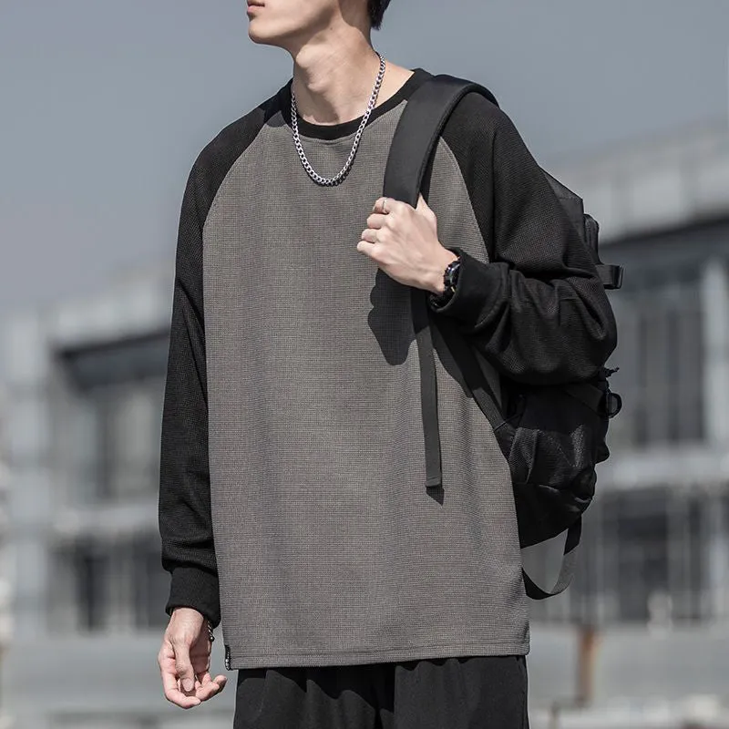 Fall Waffle Plaid Spliced Long Sleeve Men's O Neck T-Shirt