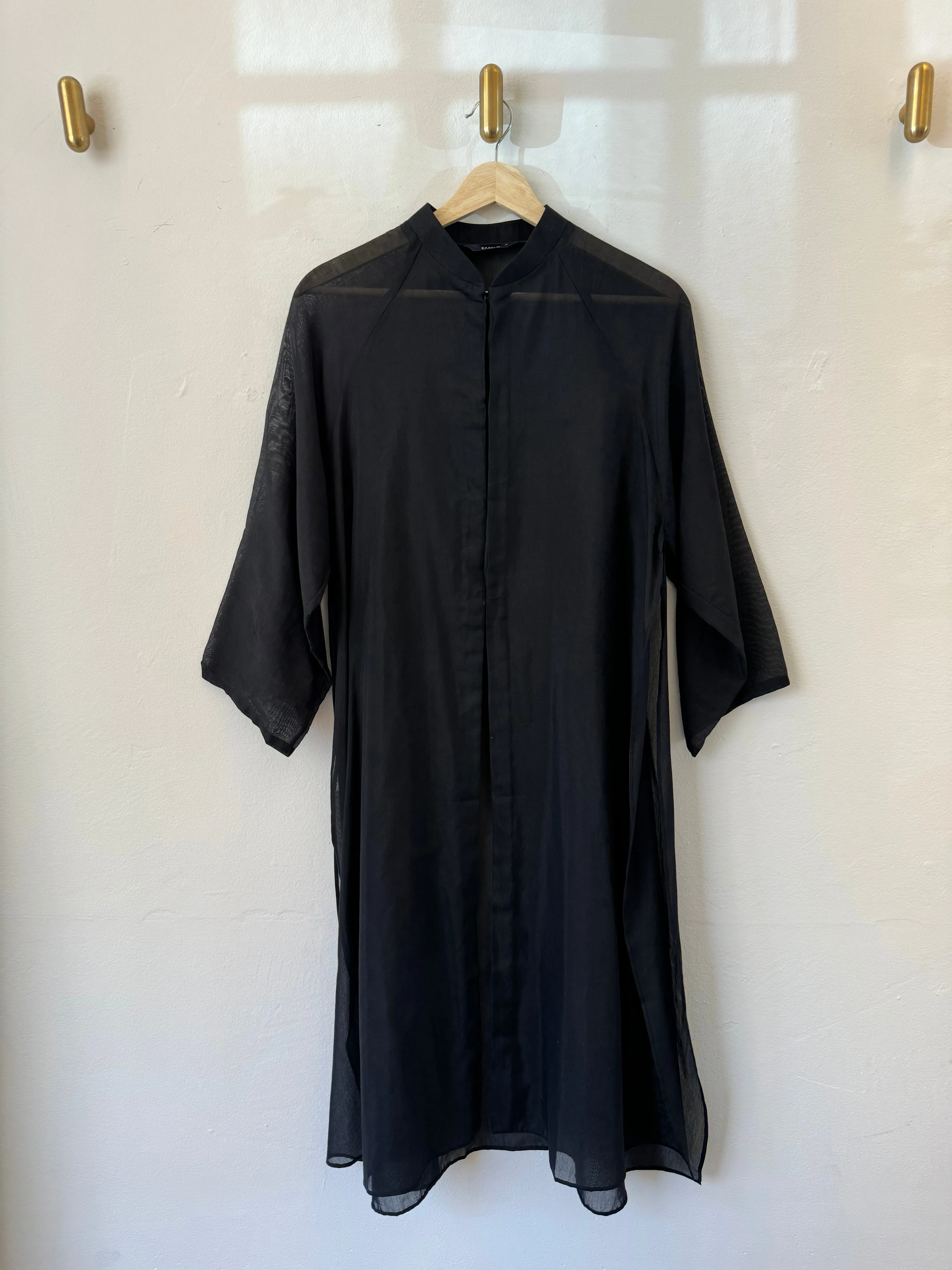 Firework Long Cotton Silk Raglan Button-up Áo dài Shirt Tunic/Dress in Black