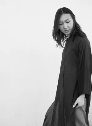 Firework Long Cotton Silk Raglan Button-up Áo dài Shirt Tunic/Dress in Black