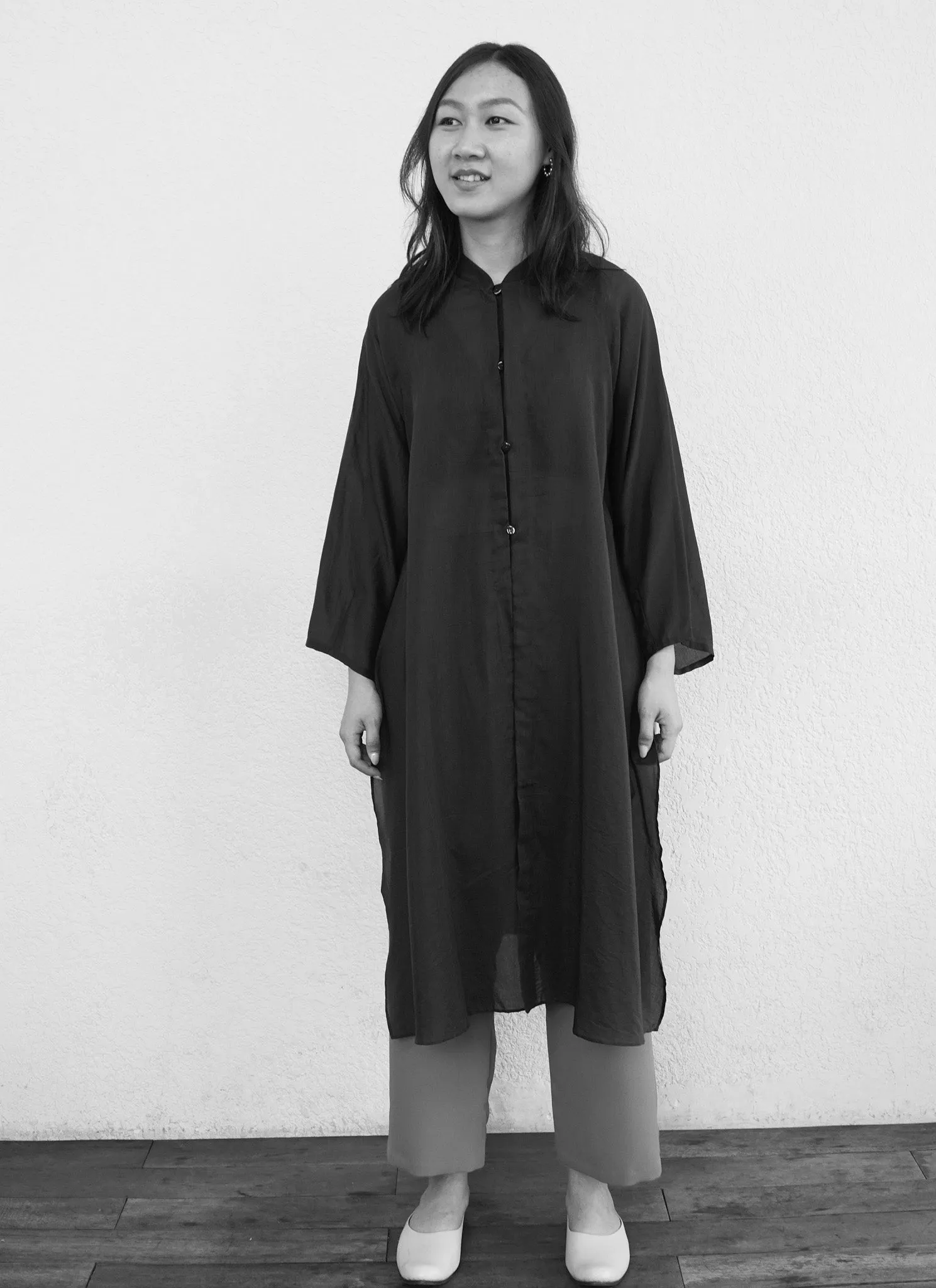 Firework Long Cotton Silk Raglan Button-up Áo dài Shirt Tunic/Dress in Black