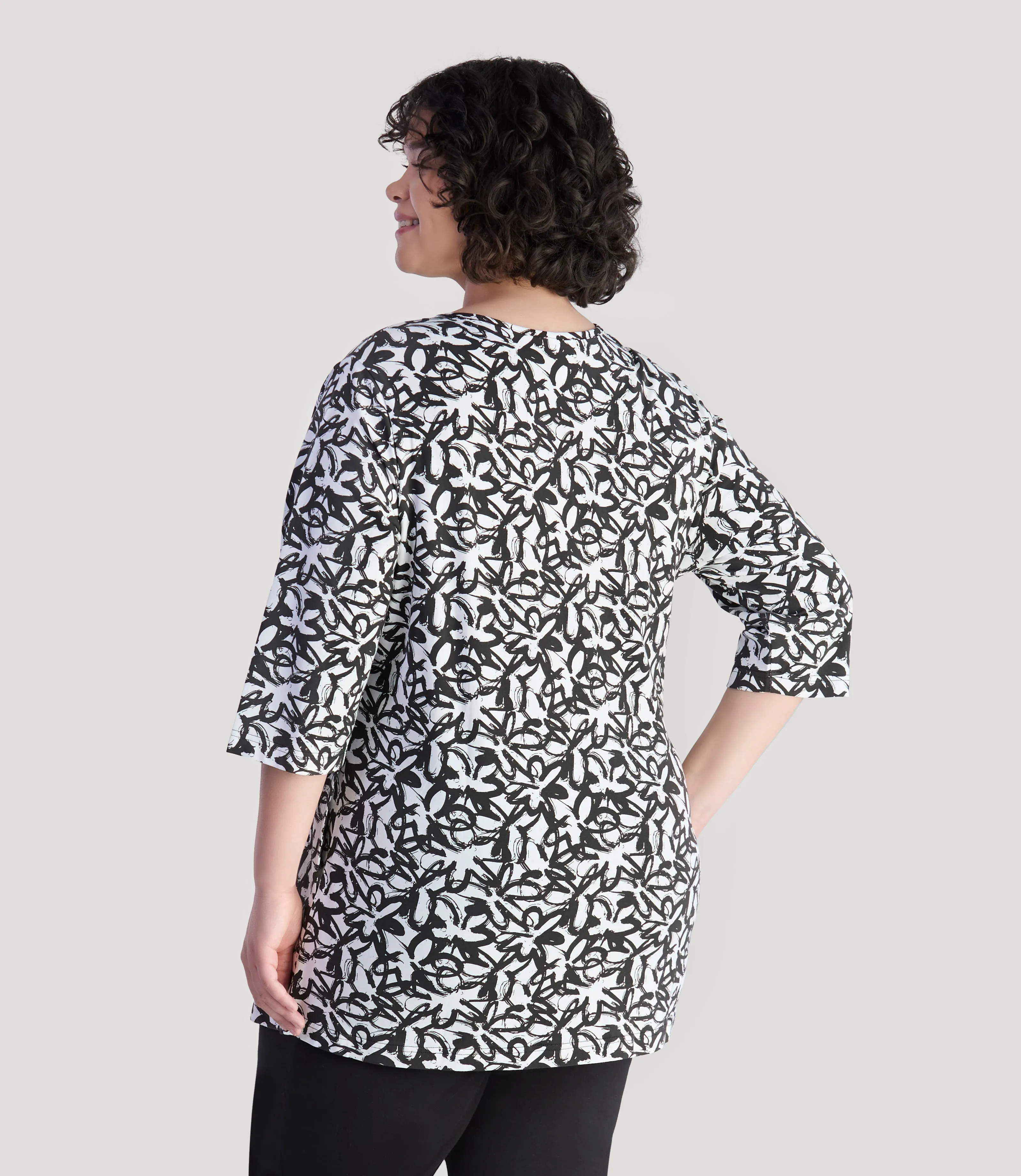 Junonia 3/4 Sleeve Pocketed Tunic Black and White Wildflower