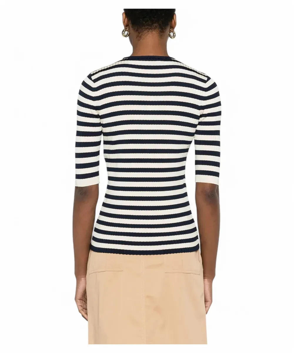 Maglia a Righe in Misto Viscosa con Spilla Logo Oval T