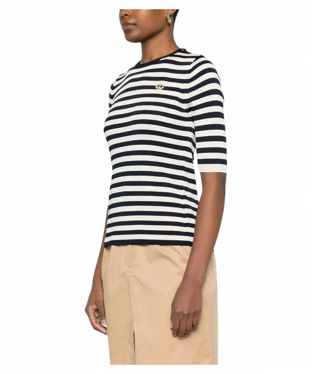 Maglia a Righe in Misto Viscosa con Spilla Logo Oval T