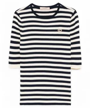 Maglia a Righe in Misto Viscosa con Spilla Logo Oval T