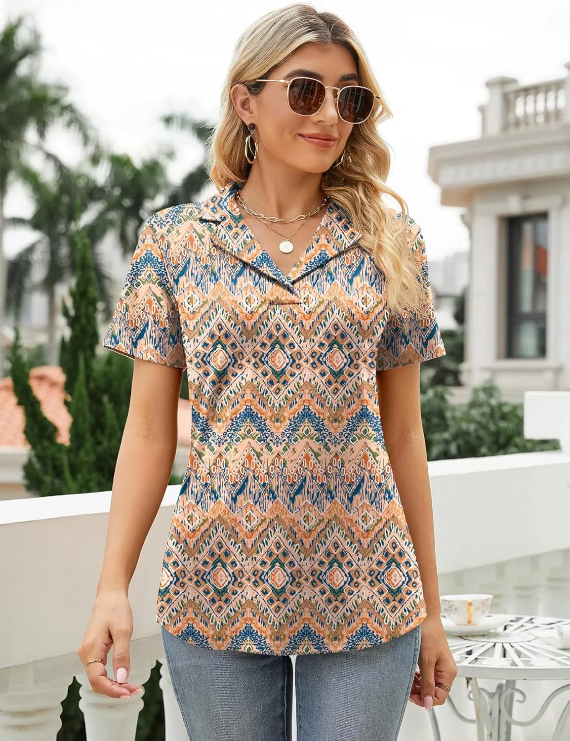Rapbin Women's Polo Shirts Lapel Collar V Neck Short Sleeve Blouse Dressy Casual Tunic Tops