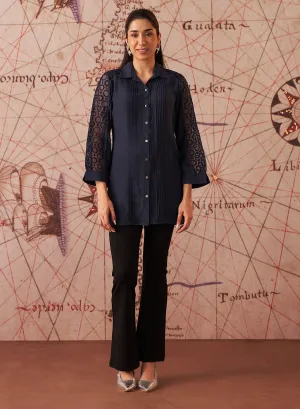 Vamya Navy Blue Monochrome Embroidered Shirt for Women