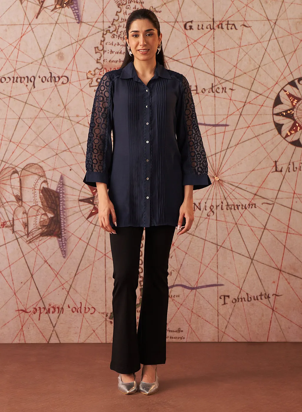 Vamya Navy Blue Monochrome Embroidered Shirt for Women