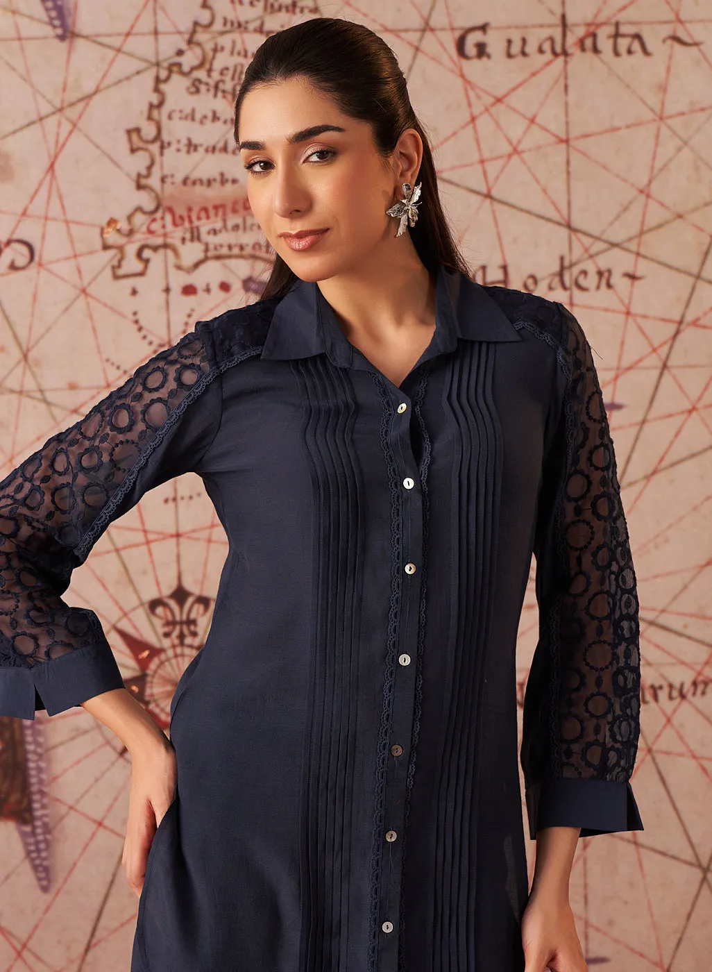 Vamya Navy Blue Monochrome Embroidered Shirt for Women
