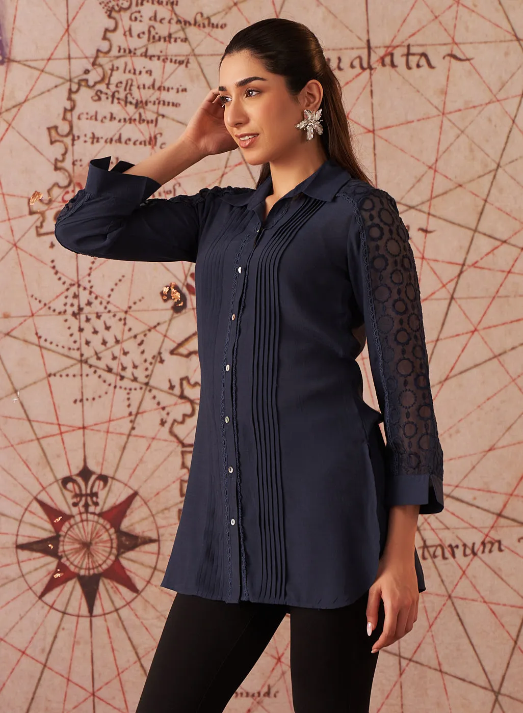 Vamya Navy Blue Monochrome Embroidered Shirt for Women