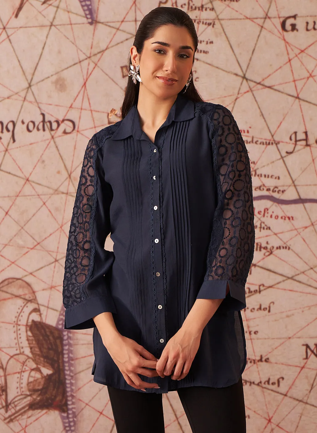 Vamya Navy Blue Monochrome Embroidered Shirt for Women