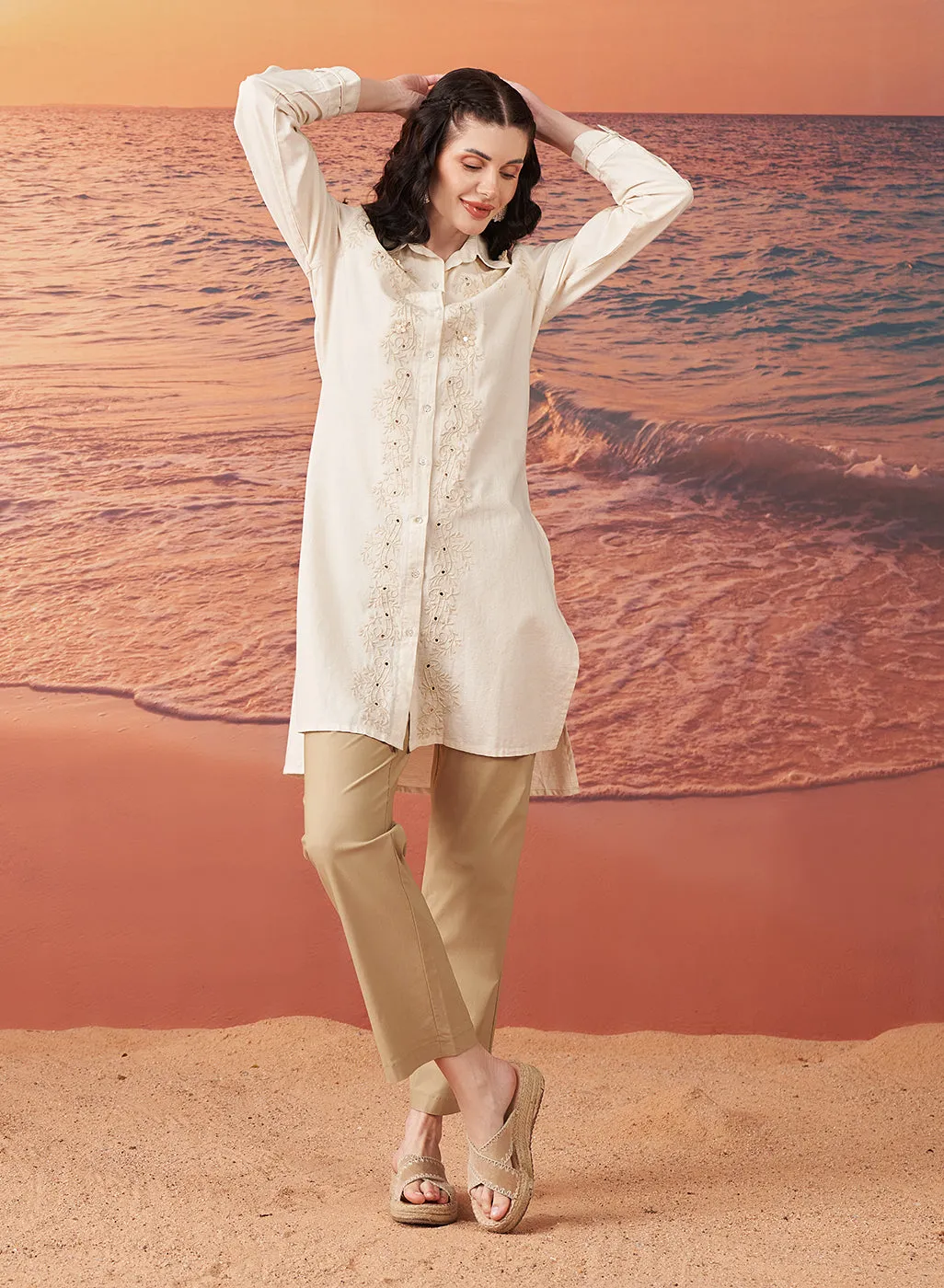 Viviana Cream Rayon Embroidered Tunic for Women