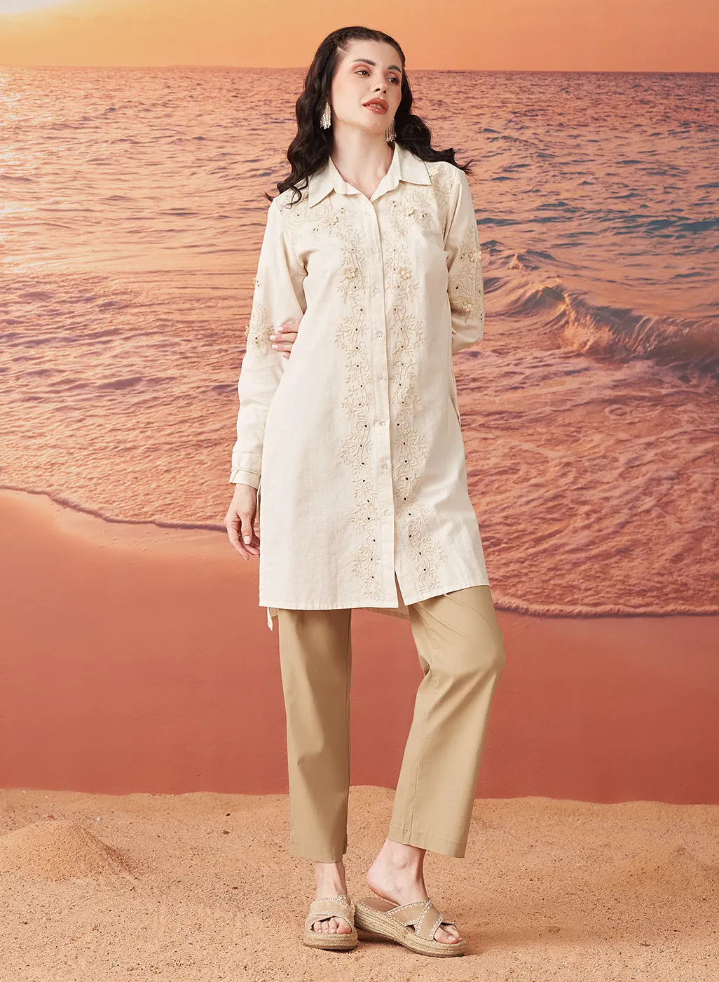 Viviana Cream Rayon Embroidered Tunic for Women