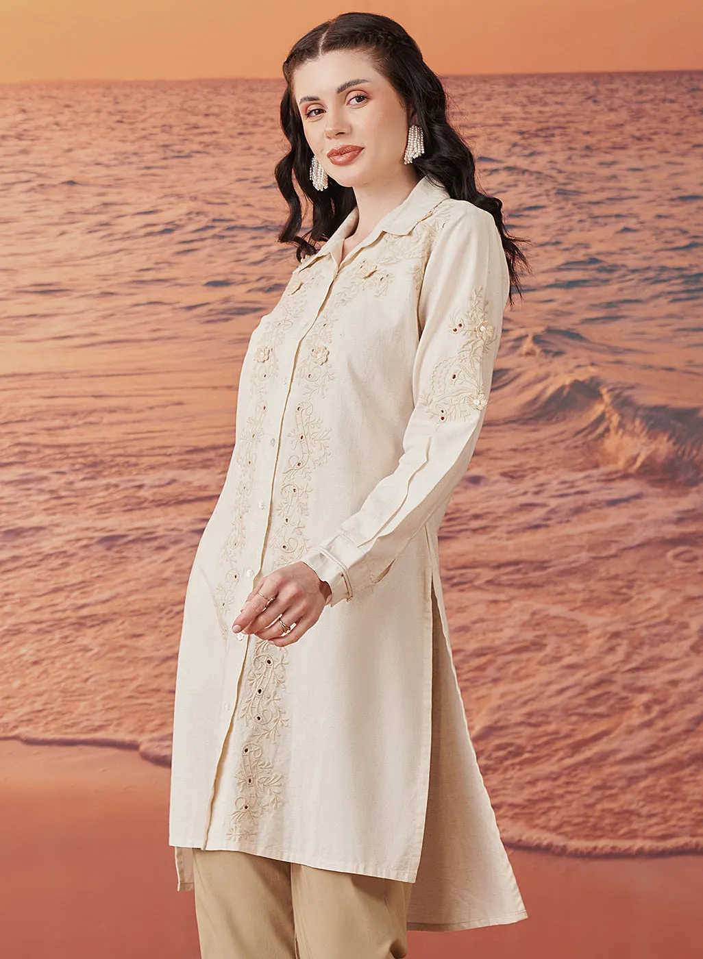 Viviana Cream Rayon Embroidered Tunic for Women