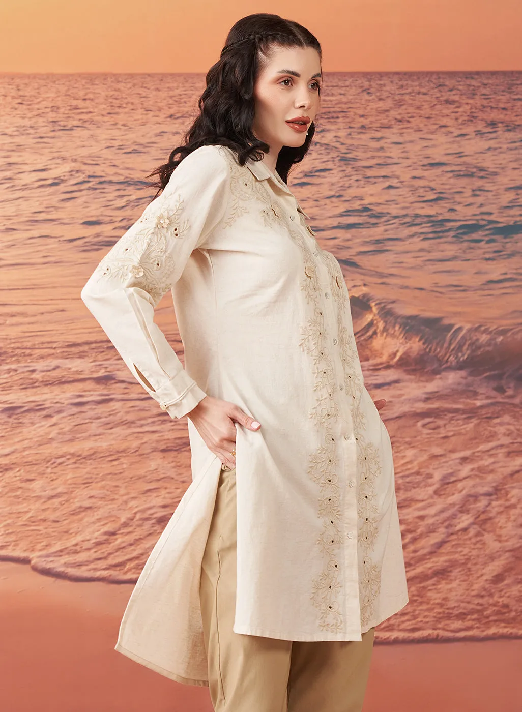Viviana Cream Rayon Embroidered Tunic for Women