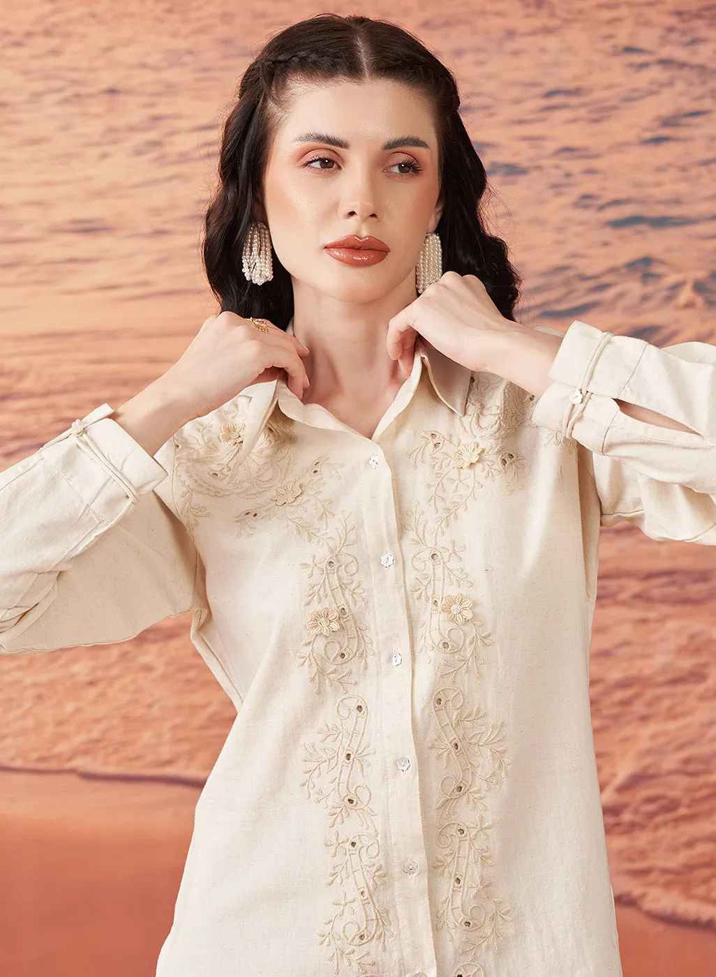 Viviana Cream Rayon Embroidered Tunic for Women