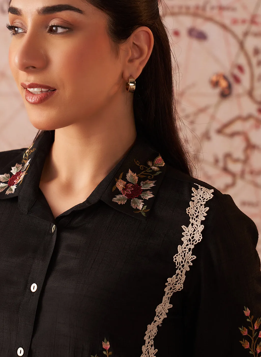 Ziana Black Embroidered Rayon Shirt for Women
