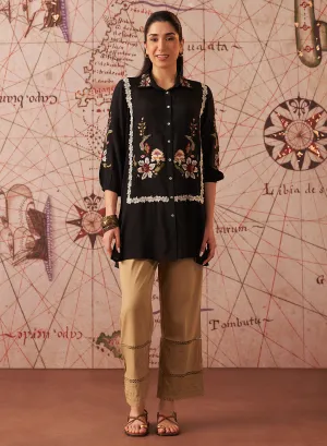 Ziana Black Embroidered Rayon Shirt for Women