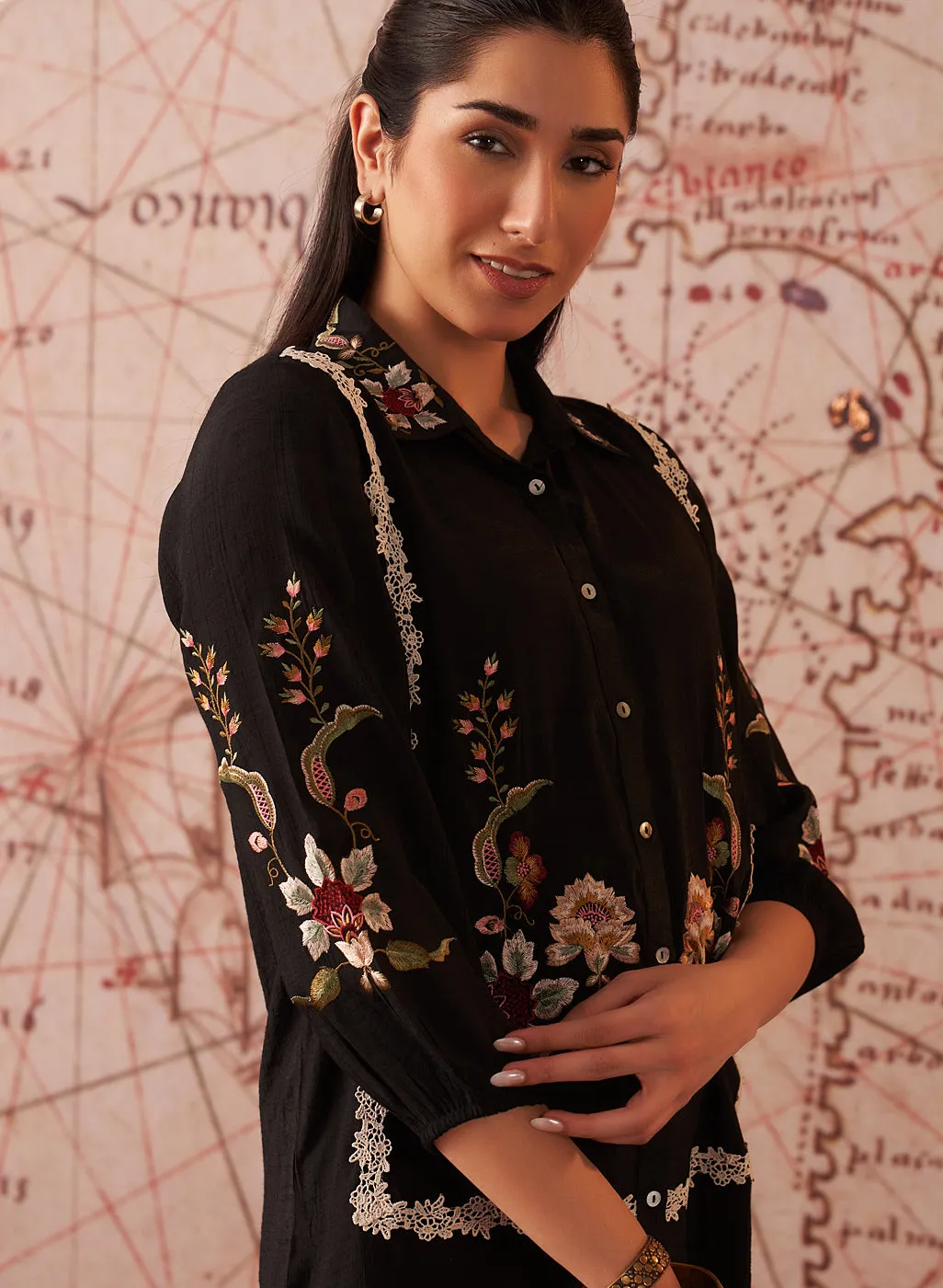 Ziana Black Embroidered Rayon Shirt for Women