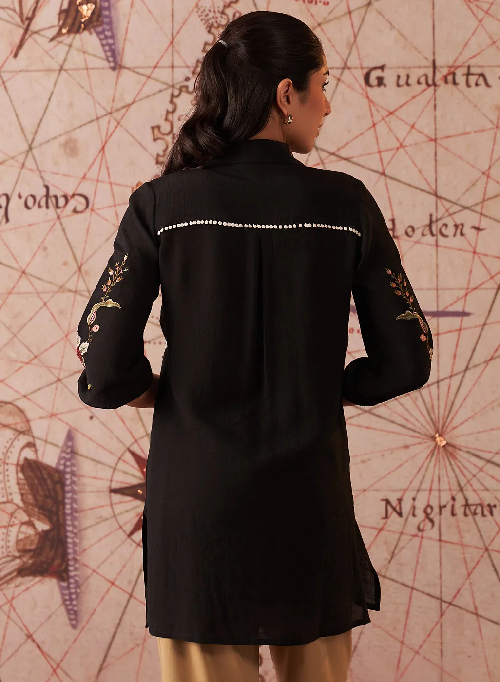 Ziana Black Embroidered Rayon Shirt for Women
