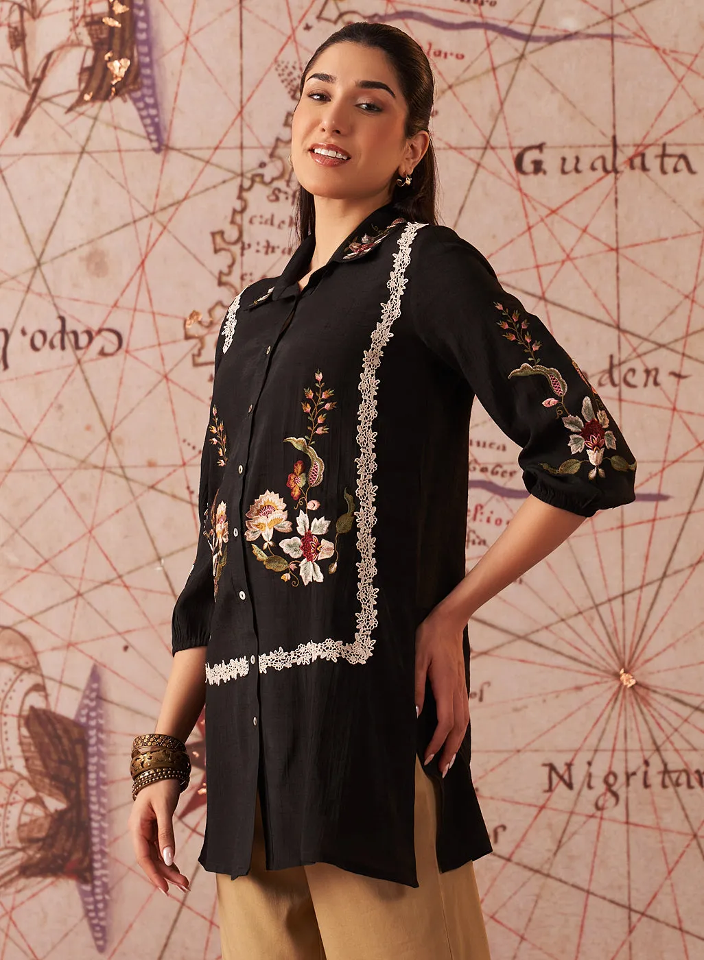 Ziana Black Embroidered Rayon Shirt for Women
