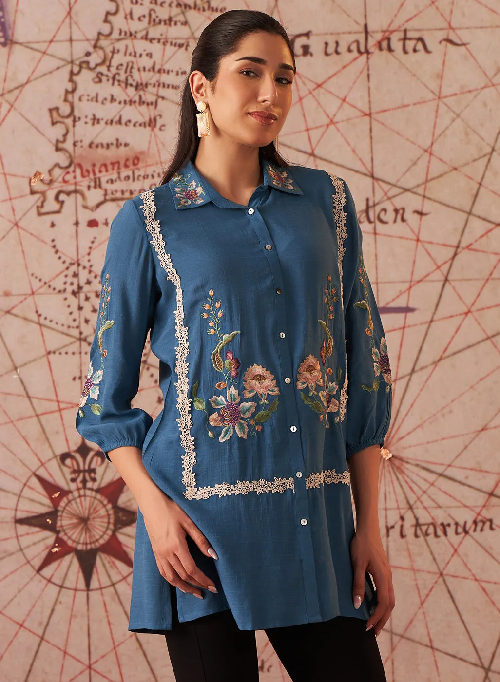 Ziana Teal Embroidered Rayon Shirt for Women