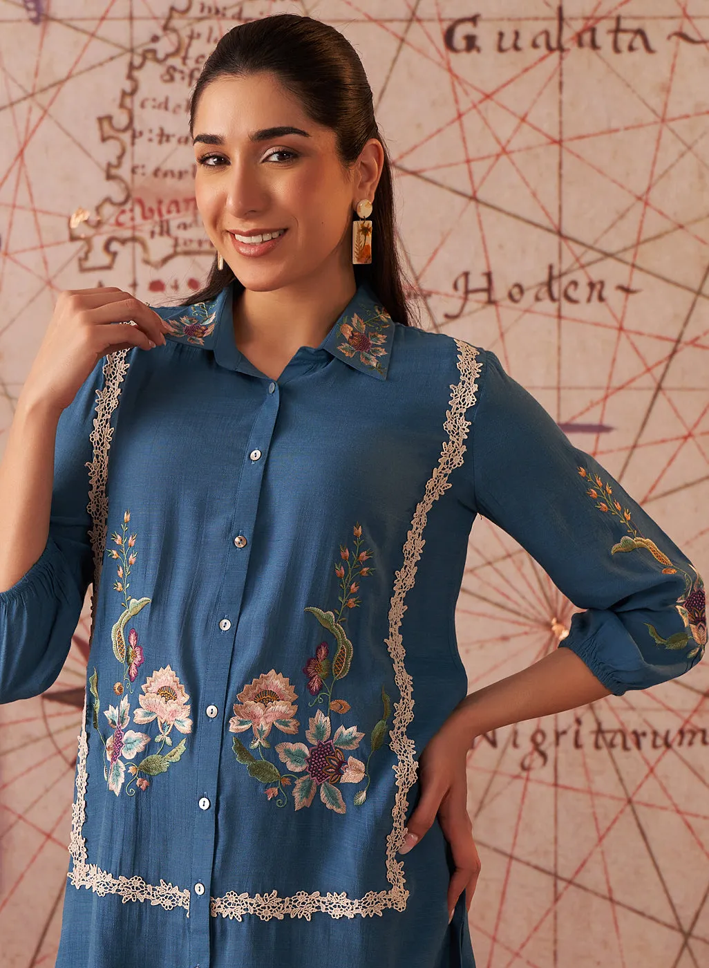 Ziana Teal Embroidered Rayon Shirt for Women
