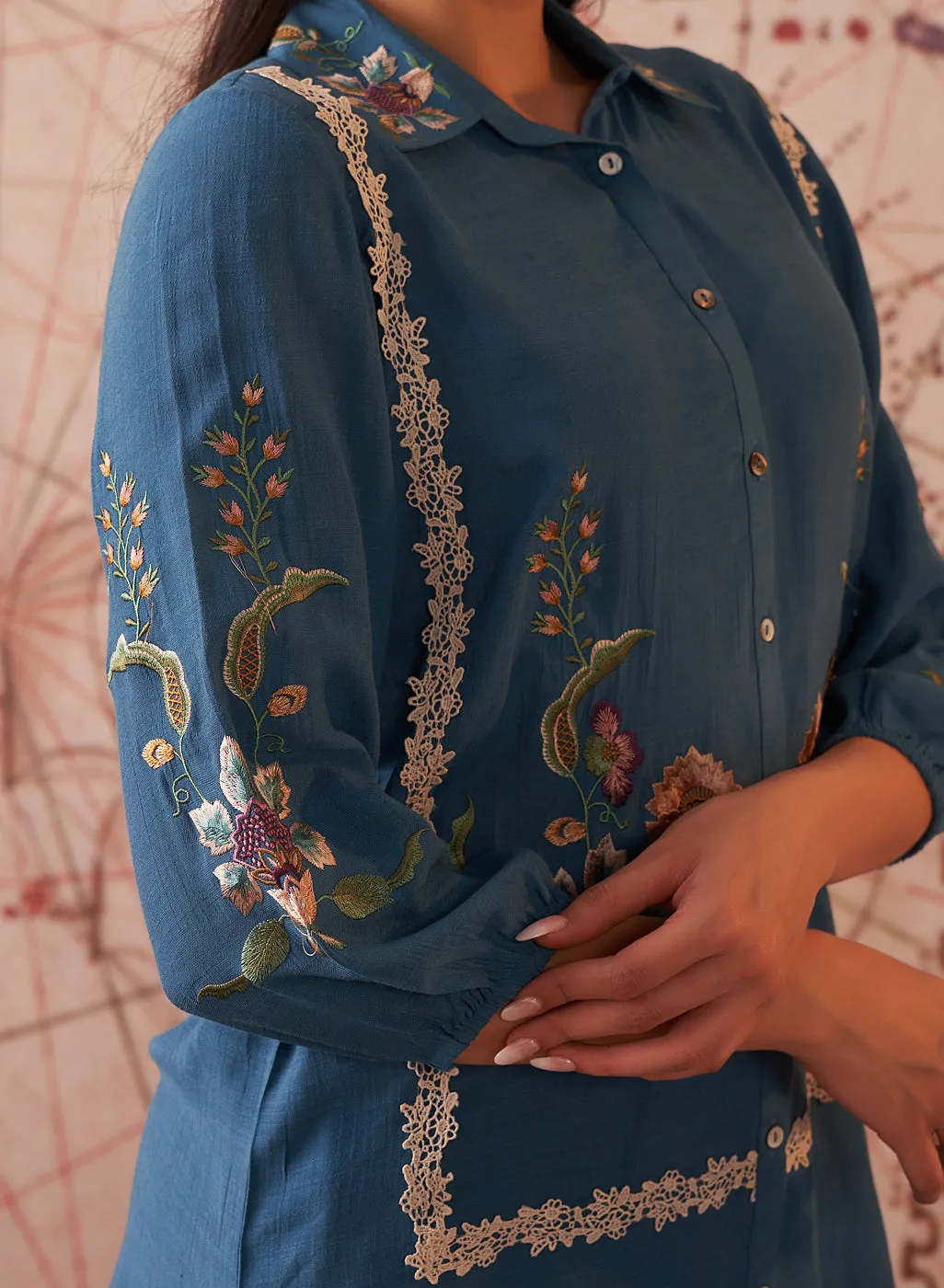 Ziana Teal Embroidered Rayon Shirt for Women