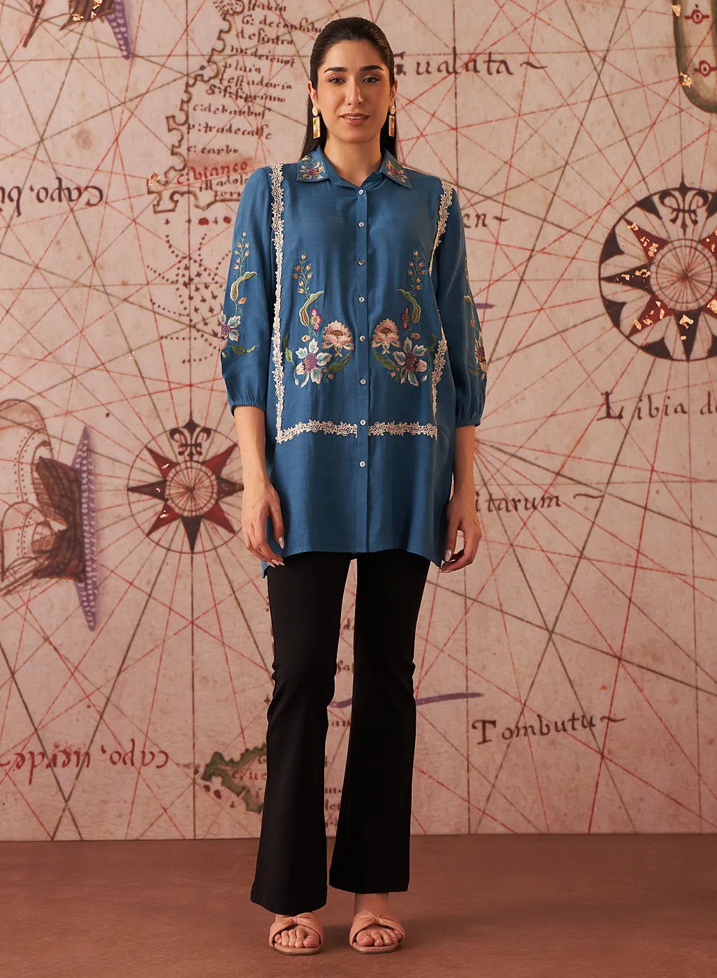 Ziana Teal Embroidered Rayon Shirt for Women