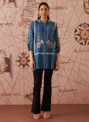 Ziana Teal Embroidered Rayon Shirt for Women