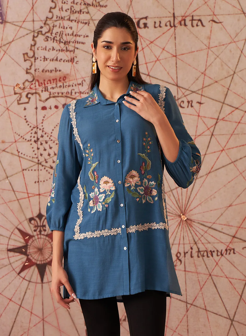 Ziana Teal Embroidered Rayon Shirt for Women